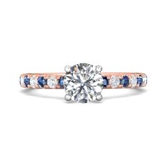 Round Cut 4 Claw Setting Diamond Sapphire Engagement Ring Pave Setting Side Stones -18K Rose