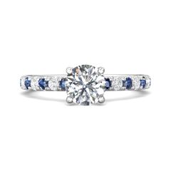 Round Cut 4 Claw Setting Diamond Sapphire Engagement Ring Pave Setting Side Stones -Platinum