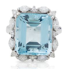 Emerald Cut 10CT Aquamarine Diamond Halo Ring In 18K  White Gold