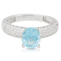 Aquamarine Oval Cut 3 Row Pave Setting Diamond Ring In18K White Gold