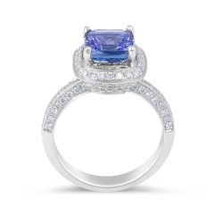 Vintage Style Tanzanite Halo Diamond Ring in 18 Karat White Gold - 