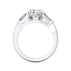 Vintage Style Round Cut Trilogy 3 Stone Diamond Engagement Ring In a Tapered Baguette Side stone Milgrain Share Prong Setting -Platinum