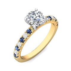 Round Cut 4 Claw Setting Diamond Sapphire Engagement Ring Pave Setting Side Stones -18K Yellow