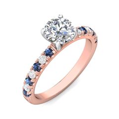 Round Cut 4 Claw Setting Diamond Sapphire Engagement Ring Pave Setting Side Stones -18K Rose