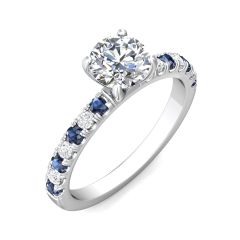 Round Cut 4 Claw Setting Diamond Sapphire Engagement Ring Pave Setting Side Stones -Platinum