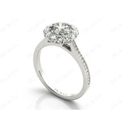 Round Cut Flower Halo Diamond Ring with a Claw Set Halo and Pave Set Side Stones in 18k White