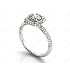 Round Cut Diamond Ring with Micro Pave Set Diamonds on Halo and Down the Shoulders in Platinum