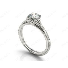 Round Cut Four Claw Set Diamond Ring with Pave Set Diamonds on the Band in 18K White