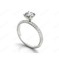 Round Cut claw set diamond ring with micro pave set side stone in 18K White