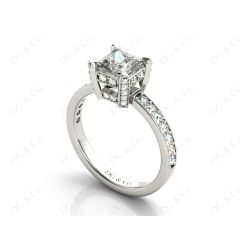 Princess Cut Diamond Engagement Ring with Claw set centre stone with Pave Set Prongs and Side Stones in 18K White