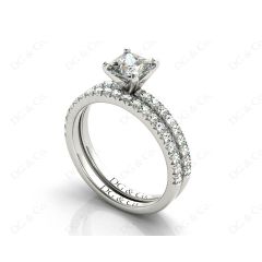 Princess cut diamond wedding set rings with four claws setting Pave Setting Side Stones in Platinum