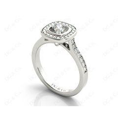 Cushion Cut Halo Ring with Bezel set centre stone with Side Stones in Platinum