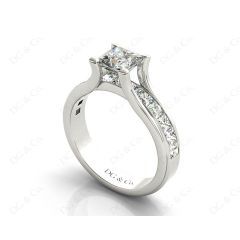 Princess Cut Diamond Engagement ring with four claws Channel Setting Side Stones  in 18K White