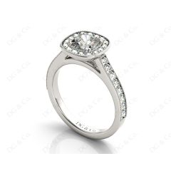 Cushion Cut Halo Diamond Ring with Milgrain Prong Set Centre Stone in 18K White