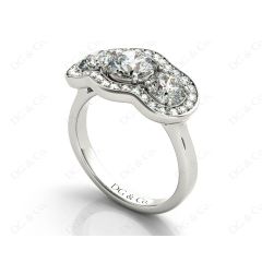 Round Cut Halo Trilogy Diamond Engagement Ring with Pave Set Side Stone In 18K White