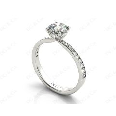 Round Cut Four Claw Set Diamond Ring with Round Cut Diamonds Pave Set Down the Shoulders in Platinum