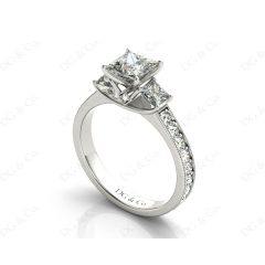 Princess Cut Trilogy Ring with Milgrain set shoulder diamond in Platinum