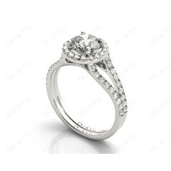 Round Cut Halo Diamond Engagement ring with claw set centre stone in 18K White