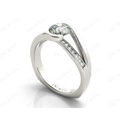 Round Cut Cross Over Ring Half Bezel Set Diamond Engagement Ring with Channel Set Side Stones in 18K White