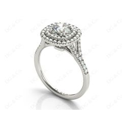 Round Cut Split Shank Diamond Engagement Ring with Double Halo and Pave Set Side Stones in 18K White