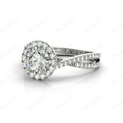 Round Cut Split Shank Diamond Halo Engagement Ring with Pave Set Side Stones Down the Band in 18K White