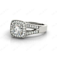 Vintage Style Round Cut Split Shank Milgrain Halo Set Engagement Ring with Channel Set Side Stones in Platinum