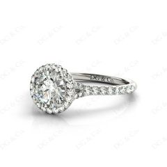 Round Cut Diamond Ring With Round Cut Diamonds Scallop Set on the Halo and Down the Shoulders in Platinum