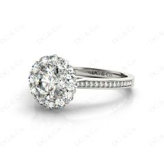 Round Cut Flower Halo Diamond Ring with a Claw Set Halo and Pave Set Side Stones in 18k White