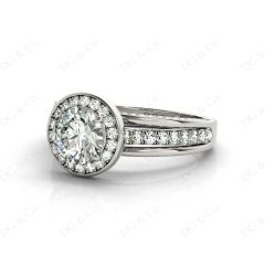 Triple Band Round Cut Diamond Halo Engagement Ring with Pavé Set Side Stones and Halo in Platinum