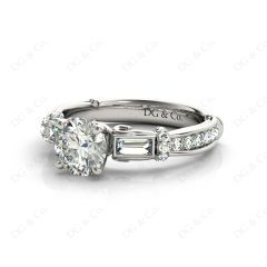 Round Cut Vintage Style Three Stone Engagement Ring with Tapered Baguette Bezel Set and Pavé Set Side Stones  in 18K White