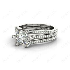 Round Cut Six Claws Diamond Signature Ring with Channel set  Down in the Shoulders in 18K White