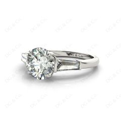 Round Cut Classic Three Stones Ring with Tapered Baguettes Diamond in Platinum