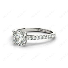 Round Cut Four Claws Diamond Ring with Pave Set Side Stones in 18K White