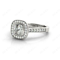 Cushion Cut Halo Ring with Bezel set centre stone with Side Stones in Platinum
