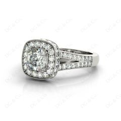 Cushion Cut Halo Ring with Milgrain claw set centre stone in Platinum