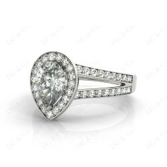 Pear Shape Halo Diamond ring with claw set centre stone in Platinum