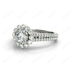 Round Cut Halo Flower Diamond Engagement Ring Split Band with Claw Set Centre Stone in Platinum