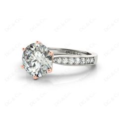 Round Cut Six Claw Set Diamond Ring with Pave Set Side Stones in Platinum