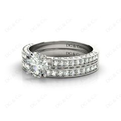 Round Cut Diamond Wedding Set Rings with Pave Setting Side Stones in Platinum
