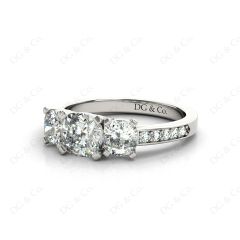 Cushion Cut Trilogy Ring with Channel Set Shoulder Diamonds in Platinum