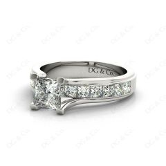 Princess Cut Diamond Engagement ring with four claws Channel Setting Side Stones  in 18K White