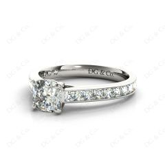 Cushion Cut Four Claws Set Diamond Ring with Channel Set Side Stones in 18K White