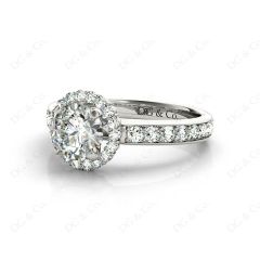 Round Cut Halo Diamond Engagement ring with claw set centre stone in 18K White