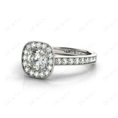 Cushion Cut Halo Diamond Ring with Milgrain Prong Set Centre Stone in 18K White