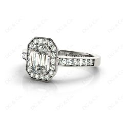 Emerald Cut Halo Diamond Engagement Ring with Claw Set Centre Stone in Platinum