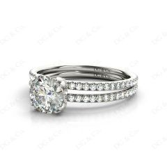 Round Cut Four Double Claw Set Diamond Ring with Pave Set Diamonds Down The Shoulders in Platinum