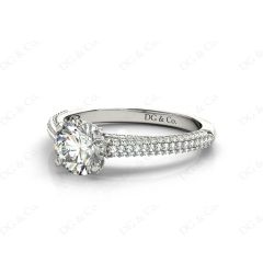 Vintage Style Round Cut Four Claw Set Diamond Ring with Micro Pave Set Stones Down the Shoulders In Platinum