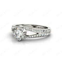 Round Cut Four Claw Set Diamond Ring with Round Cut Diamonds Down the Shoulders in Platinum