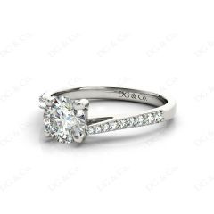 Round Cut Four Claw Set Diamond Ring with Pave Set Diamonds Down the Shoulders in Platinum