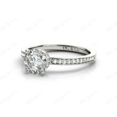 Round Cut Four Claw Set Diamond Ring with Round Share Prong Set Side Stones in Platinum